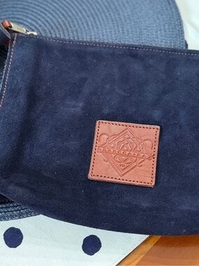 Rebecca Ray Navy Suede Toiletry Pouch or clutch with Brown Leather Patch